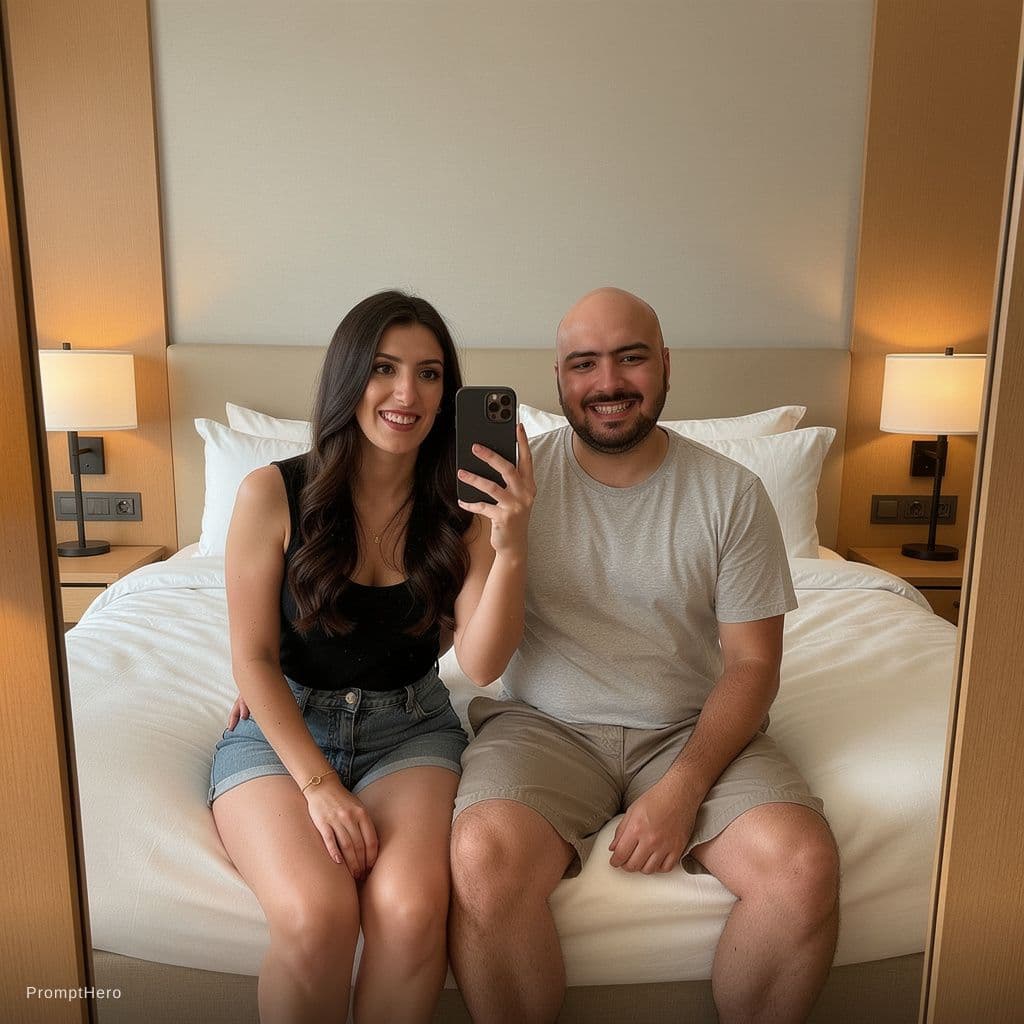 AI generated: 
{ "scene": { "setting": "غرفة فندق حديثة", "background_details": { "furniture": "سرير كبير مرتب بعن...
