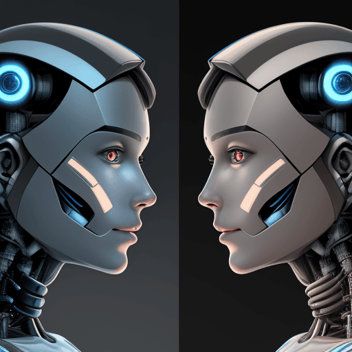 AI generated: Front view of the face of a half-human, half-machine robot with AI, with a side view of an AI-enhanc...