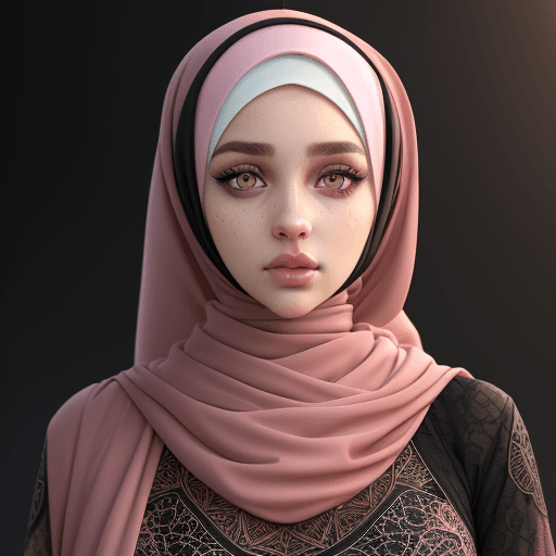 AI generated: Girl, 18oyo, hazel green eyes, pink lips, black eyeliner in her eyes, (wearing a hijab), (fullbody:1...