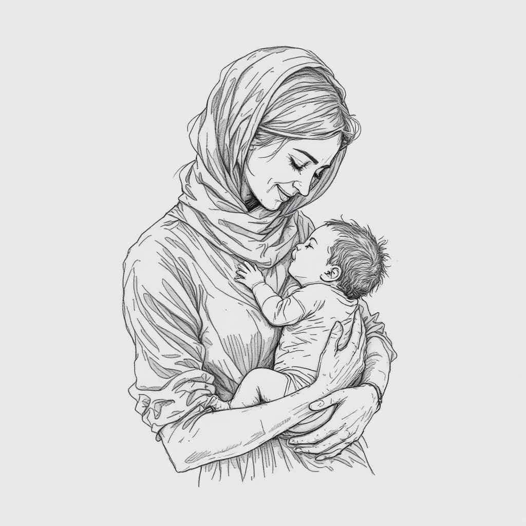 AI generated: A woman cradling a baby in her arms, a detailed grayscale drawing.
