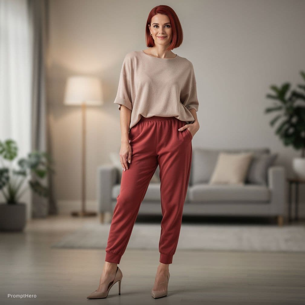AI generated: A 40-year-old woman with a red bob cut, a size 8 bust, revealing home clothes, optional sandals, wed...