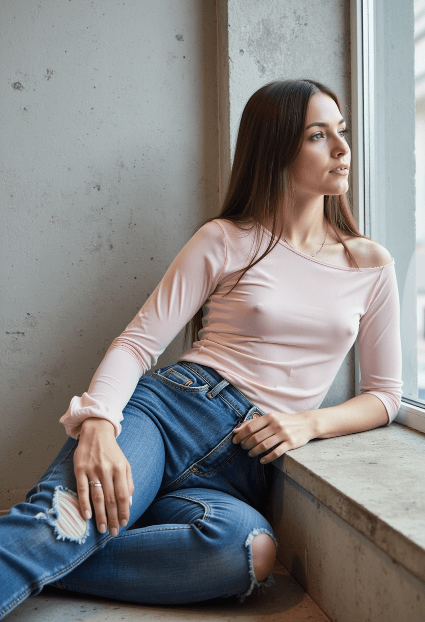 AI generated: A woman is seated on a wide step with her legs crossed. Her straight long brunette hair frames her b...