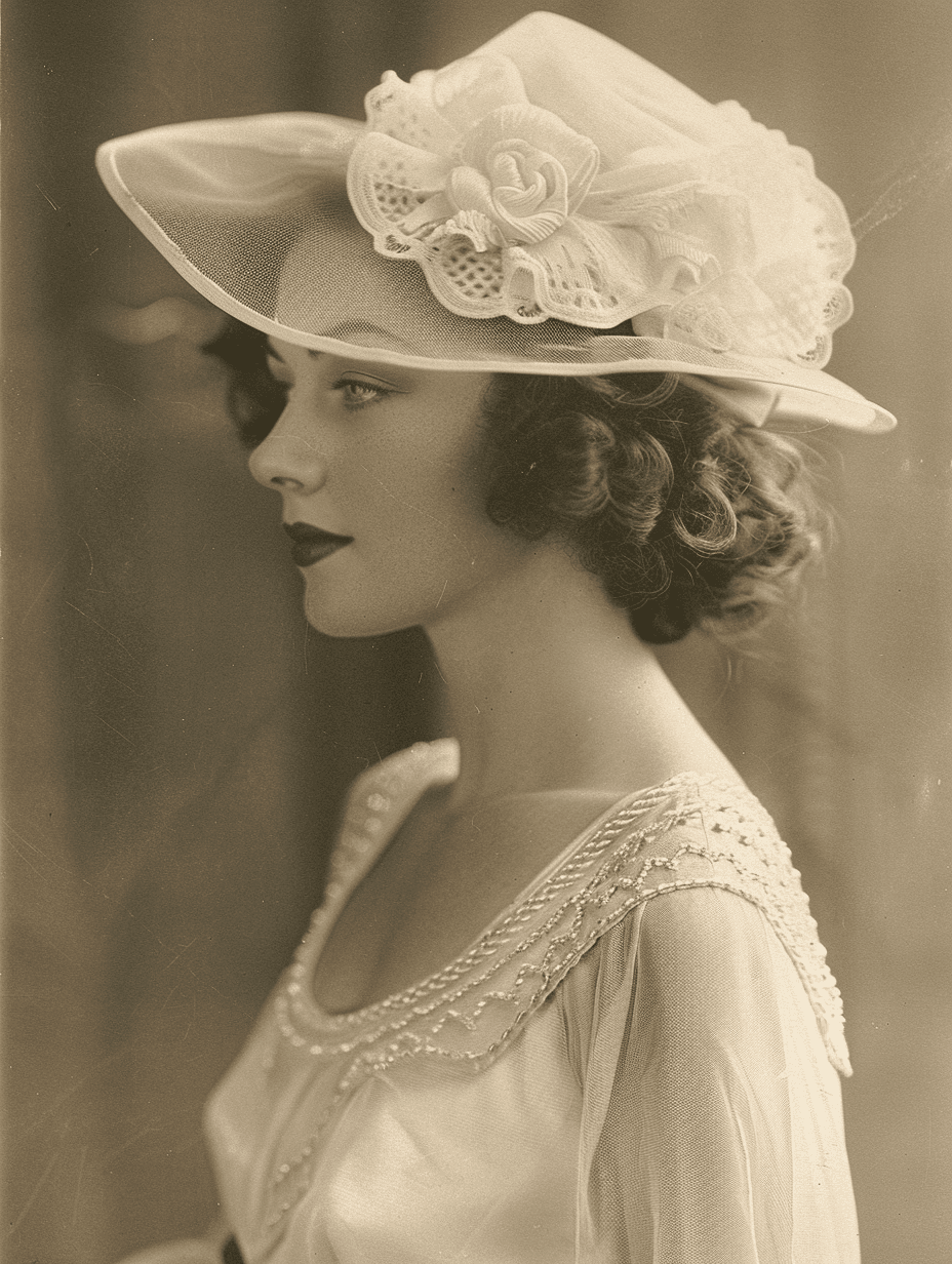 AI generated: vintage photo of an elegant woman wearing a white dress with embellished shoulders, short hair and a...