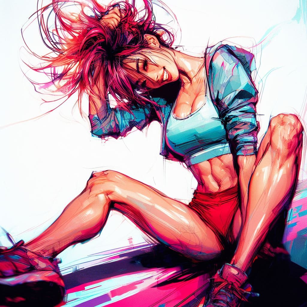 AI generated: aesthetic, painterly style, modern ink, pretty shy thin fit woman, smiling, exausted, sitting, stret...