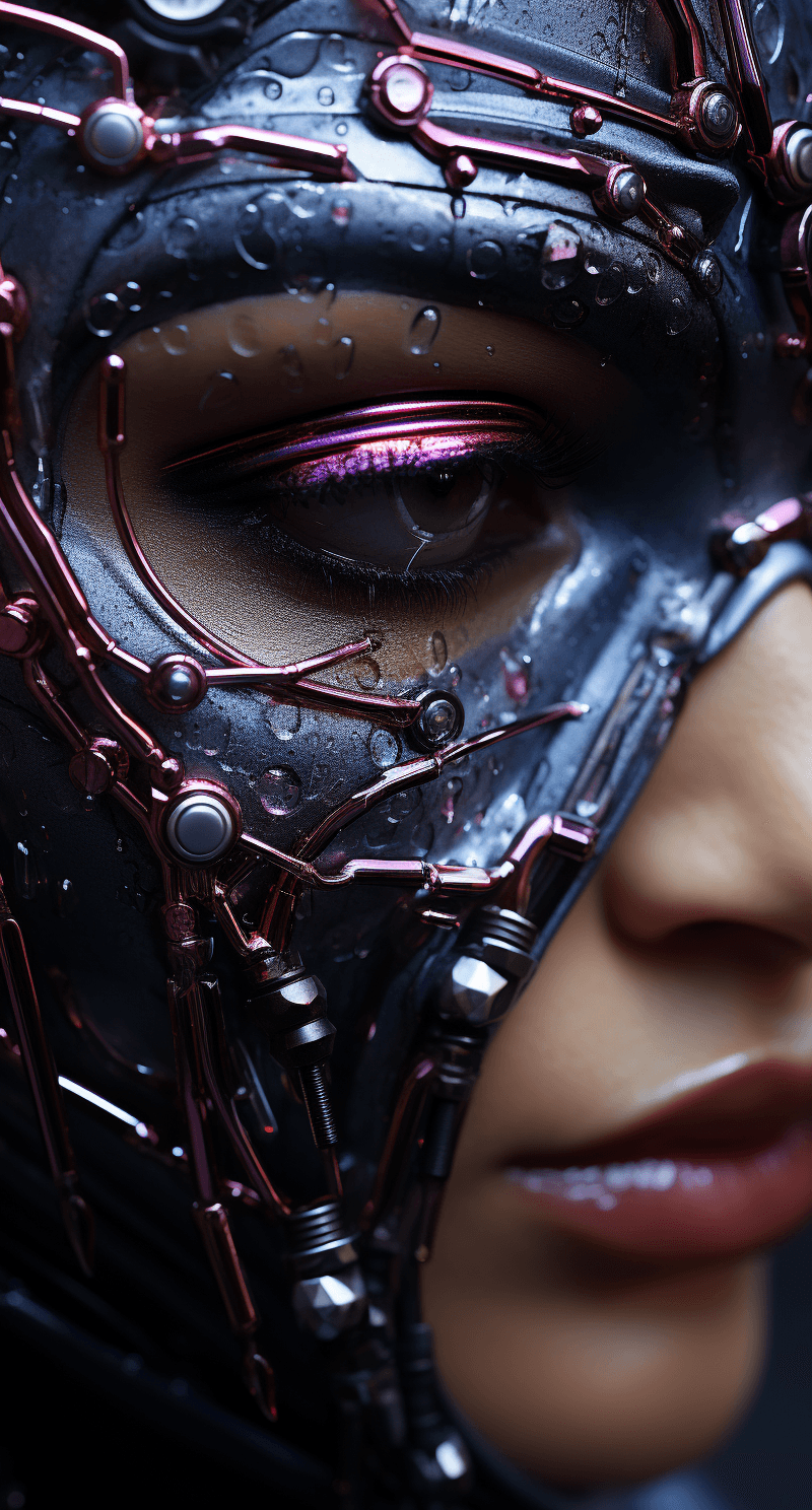 AI generated: two acrobats of a woman with a piece of plastic art, in the style of cyberpunk manga, dark silver an...
