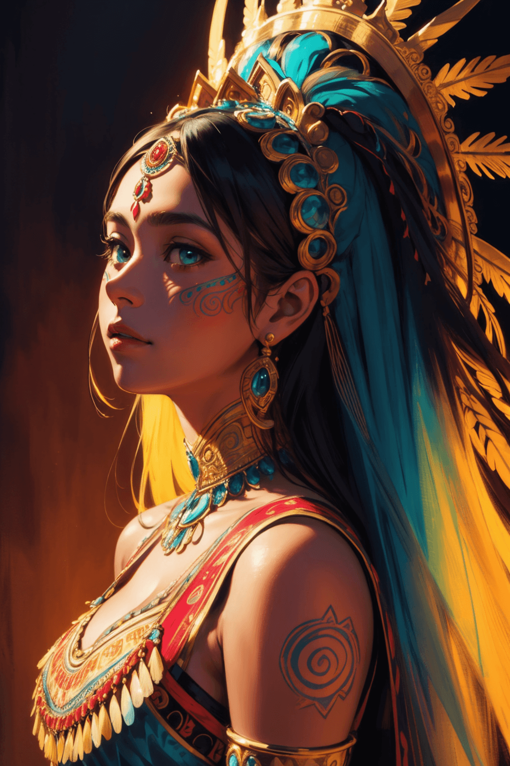 AI generated: Beautiful Mayan princess, wearing dress with intricate Mayan designs, feathered headress, medium por...