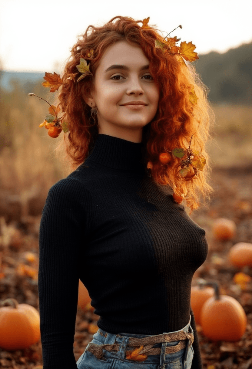AI generated: Create a photorealistic image of a fit adult woman with curly red hair adorned with autumn leaves an...