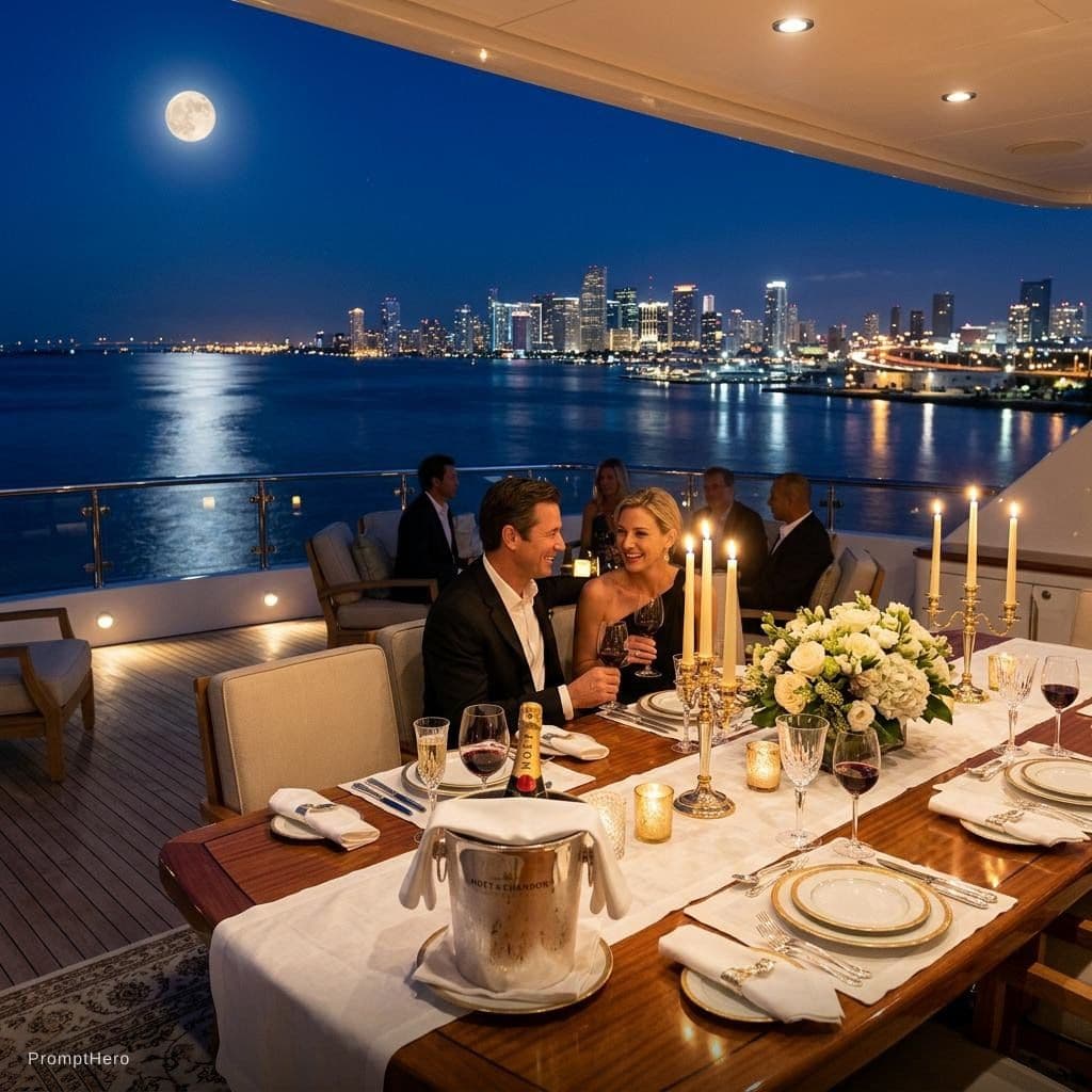 AI generated: A luxurious nighttime yacht dinner scene on an elegant open-air deck overlooking a calm ocean and a ...
