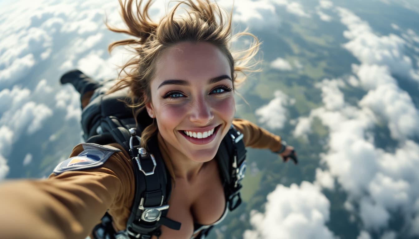 AI generated: 
Go PRO STYLE
female parachutist, jumping from plane, smile, selfie, motion, full body visible, deta...