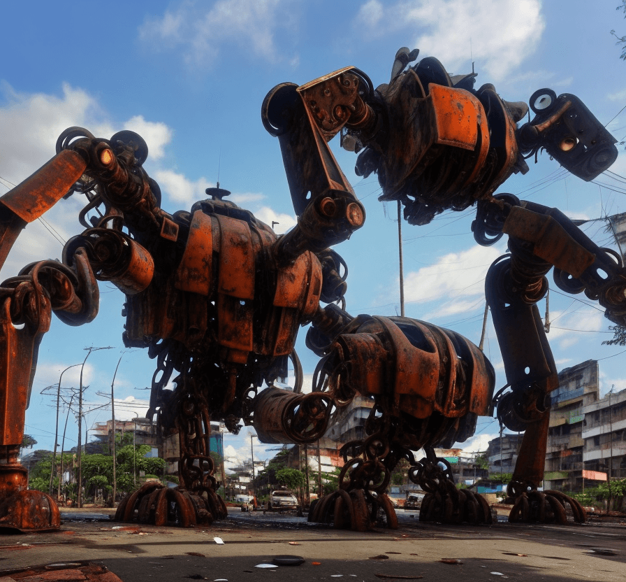 AI generated: a huge lost  rusted big mech is down. It is lying on the ground in the street in a  favela. . people...