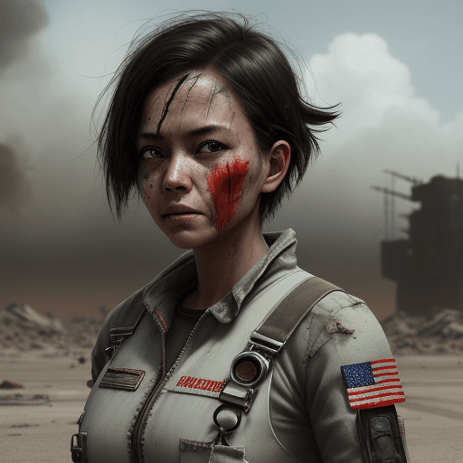 AI generated: A futuristic scifi post apocalyptic dystopia, of a female us scientist wearing flight overalls, indo...