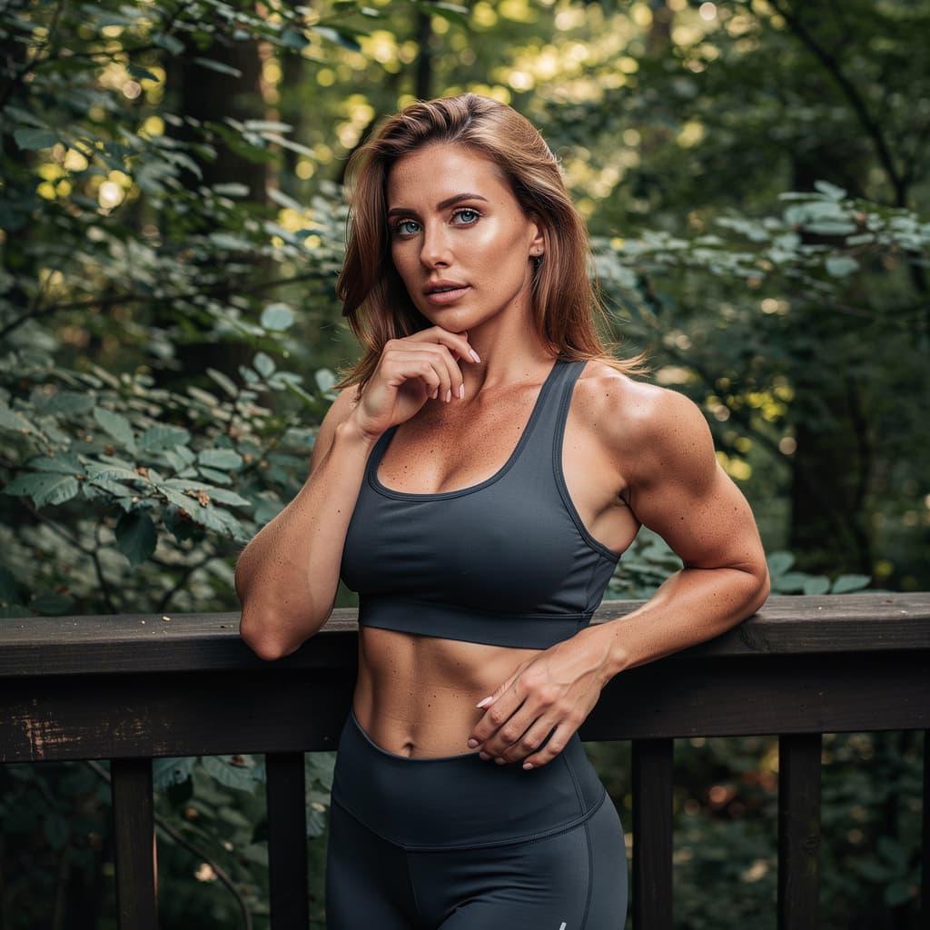 AI generated: A fit, topless adult woman with bronze hair and blue eyes is posing against a dark wooden railing in...