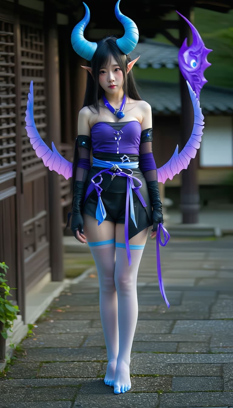 AI generated: Full body long shot of a beautiful female Japanese Oni, with two color gradient short horns, Blue wi...