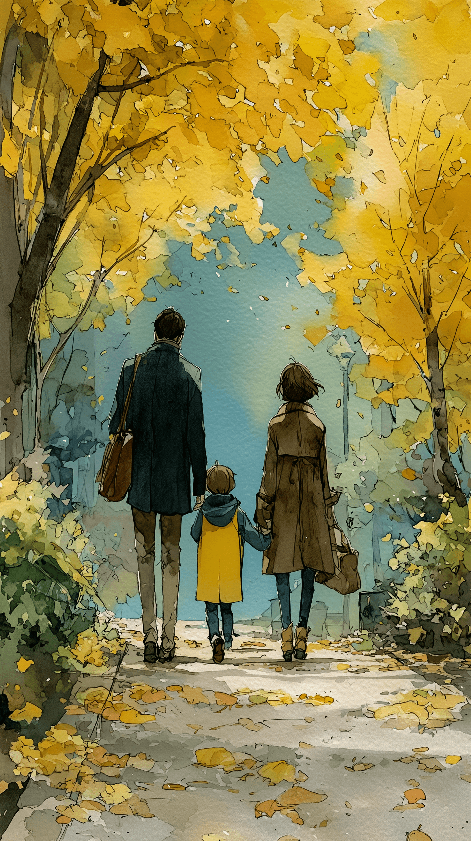 AI generated: watercolor art, long range moment, family, mon and dad with son rear, autumn park path covered in go...
