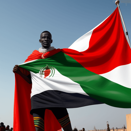 AI generated: Homme qui vole avec le drapeau du Sénégal comme cape
