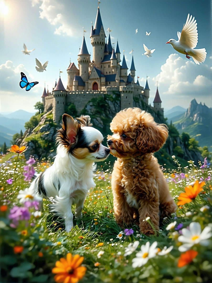 AI generated: A small fluffy chocolate and white Chihuahua and a red brown toy Poodle sniffing each other, in a li...