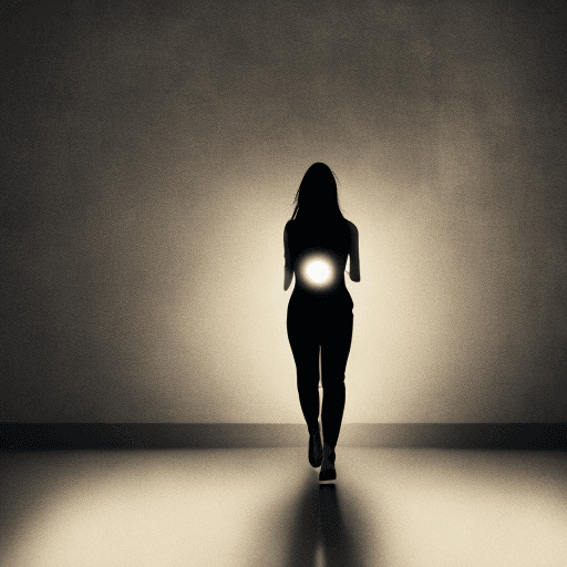 AI generated: running shadow woman in the lights of emty dark room mystery