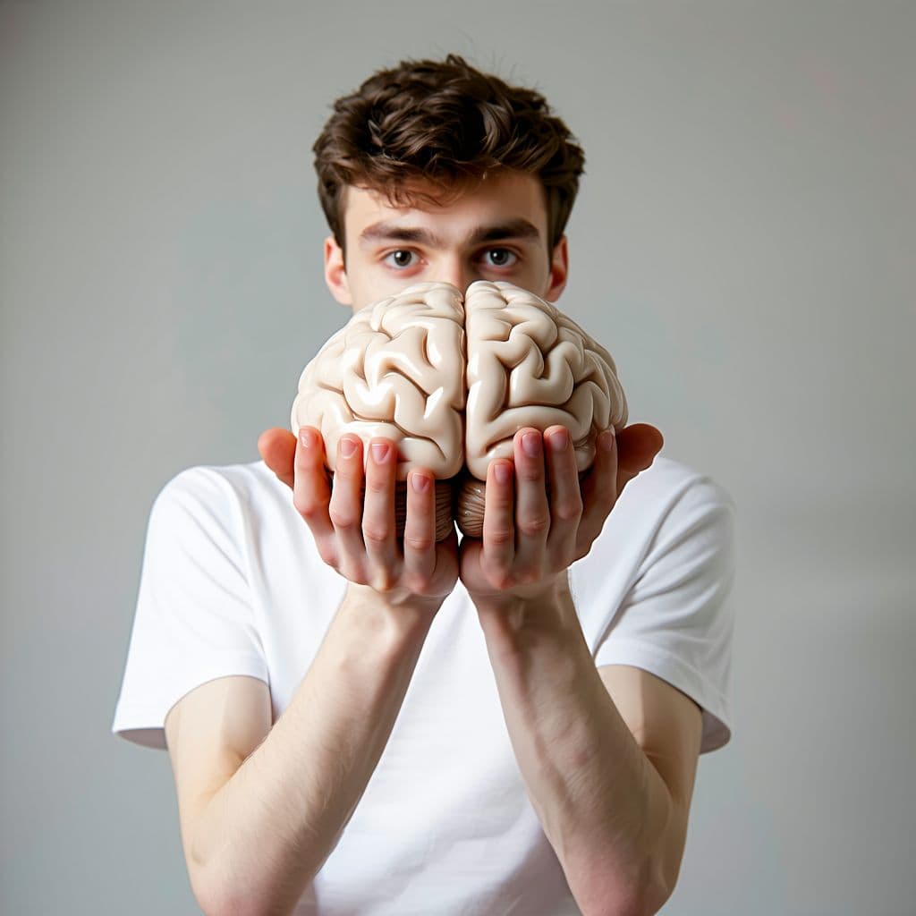 AI generated: a very skinny college age guy easily holds a brain in his hands and presents it proudly to the camer...