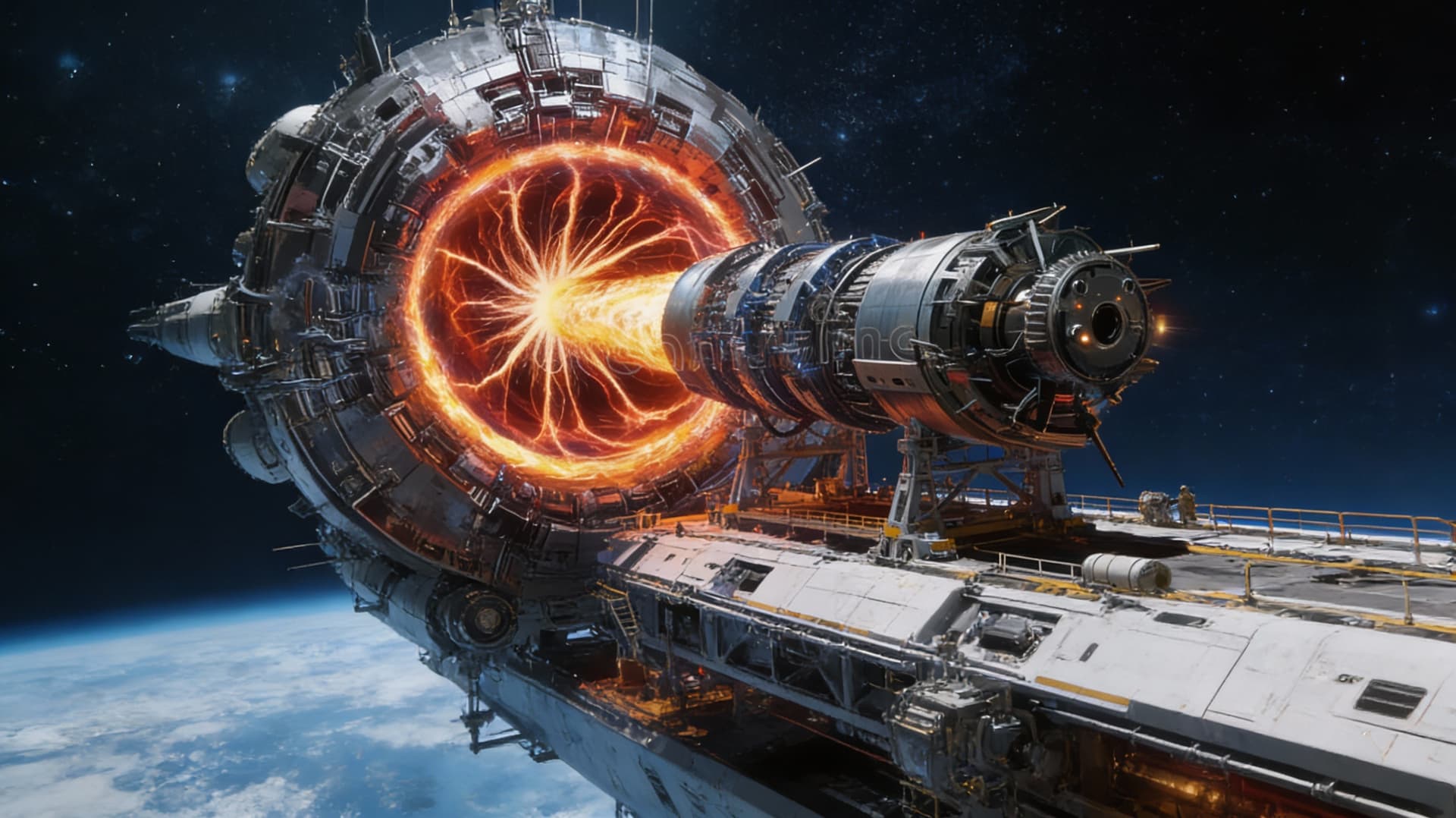 AI generated: Use the Reference Image to reimagine the View of the Futhesis ENGINES installation on any space vess...
