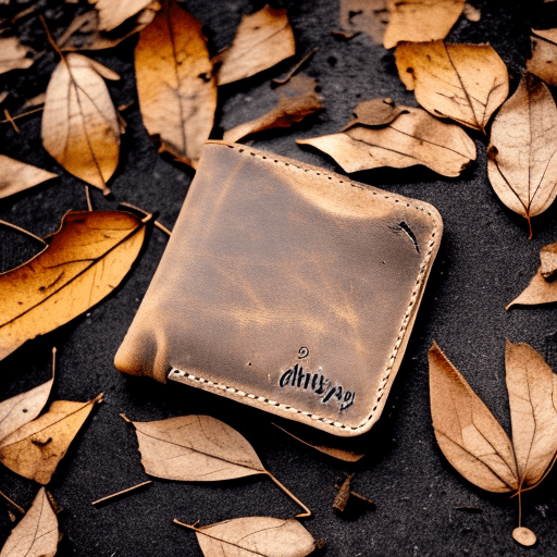 AI generated: Dry dusty leaves under an open abandoned leather wallet lying on the ground Style: goth