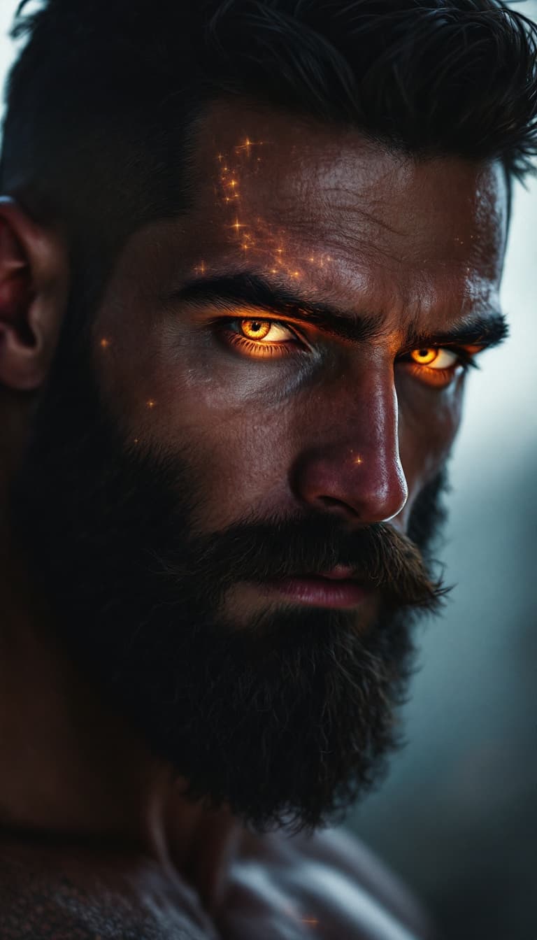 AI generated: portrait of a bearded man with hazel eyes, hazel colored eyes, handsome, muscular, intricate, elegan...