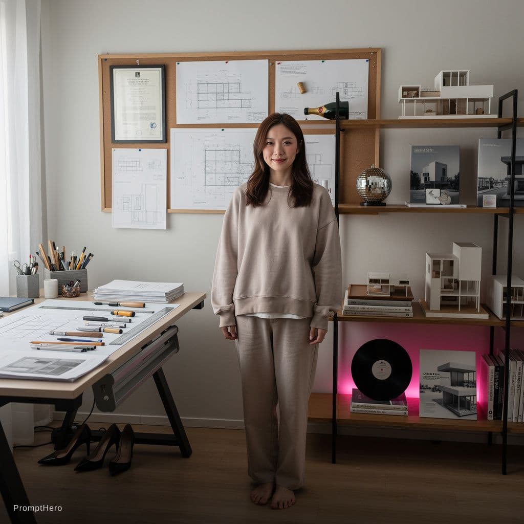 AI generated: A full-body portrait of a 25-year-old Japanese woman with no makeup, natural slightly blemished skin...