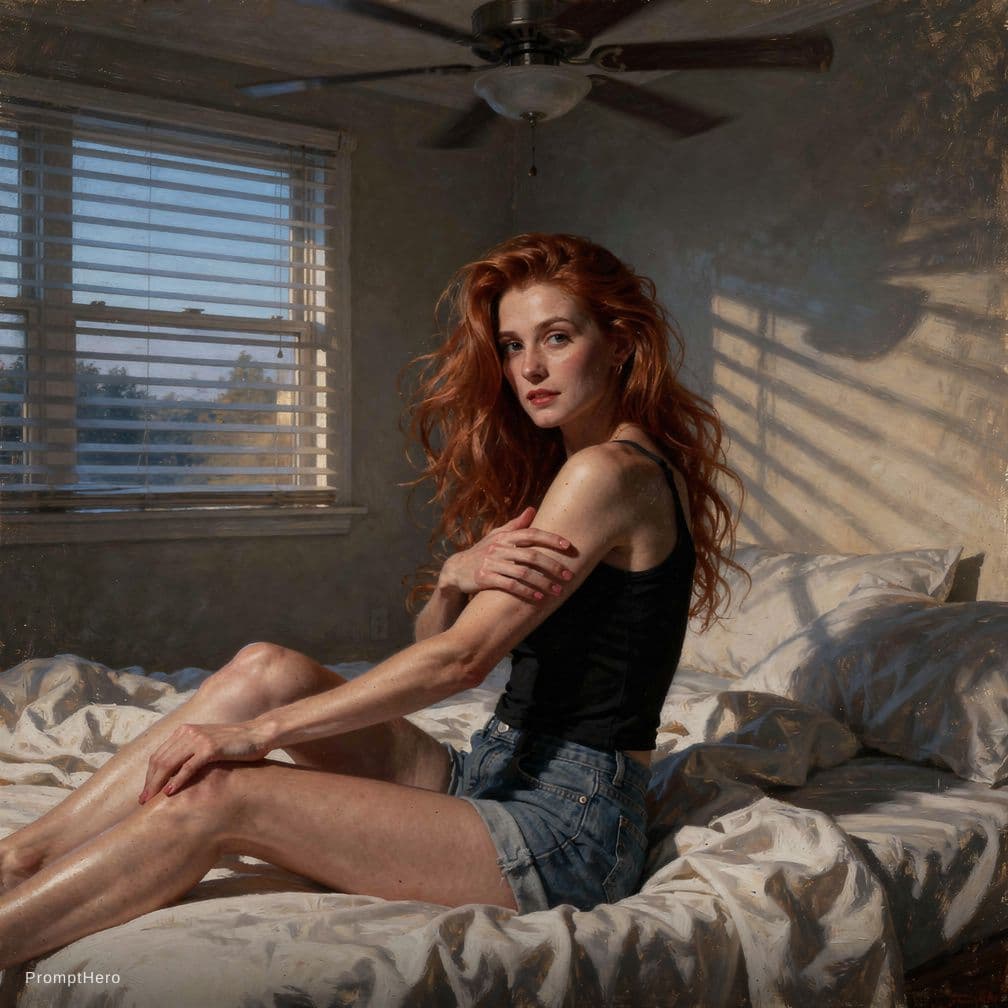 AI generated: 
Generated image without changing original face.

A woman with long, tousled red hair cascading in l...