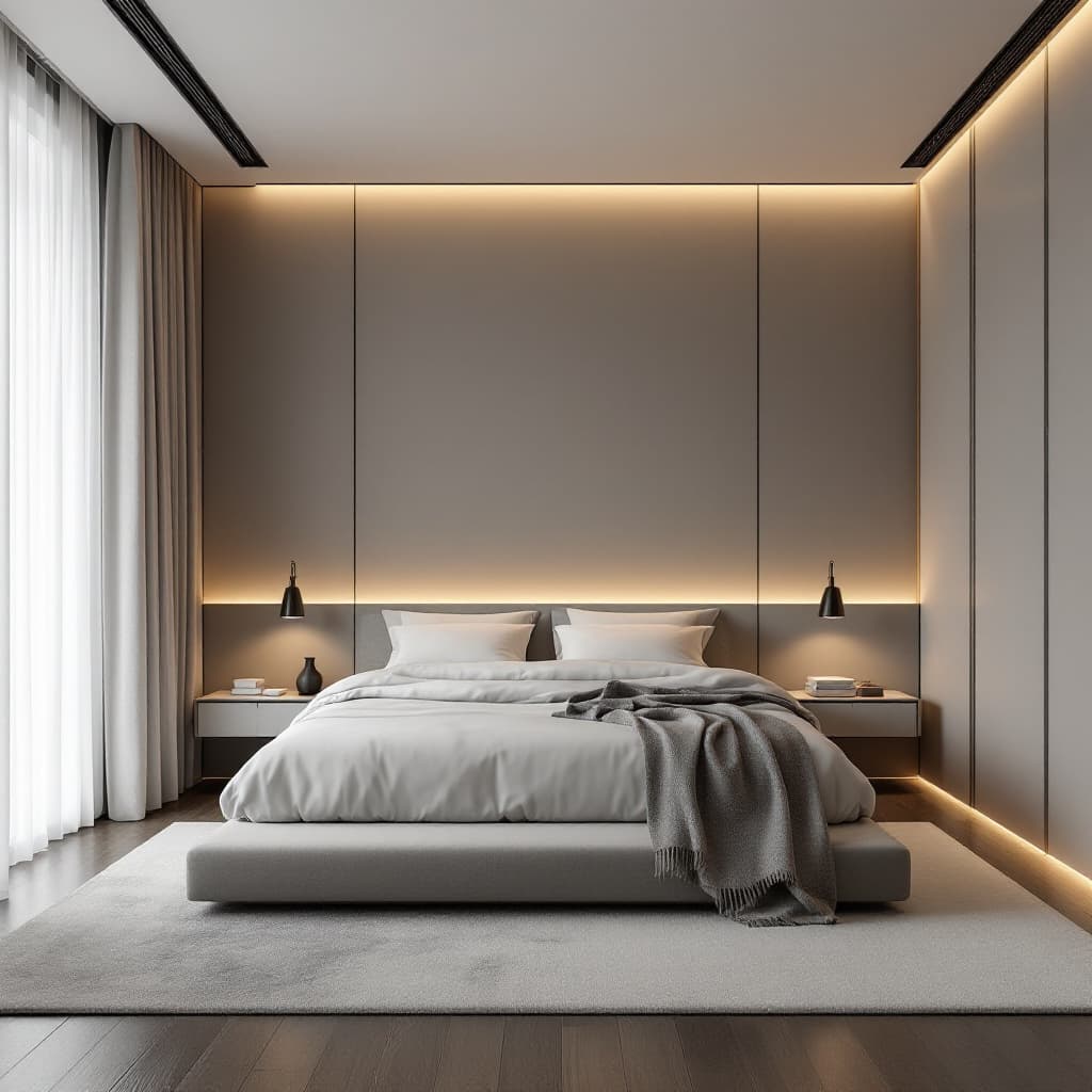 AI generated: tranquil bedroom design that emphasizes minimalism and comfort, clean lines, cosy, featuring a low b...