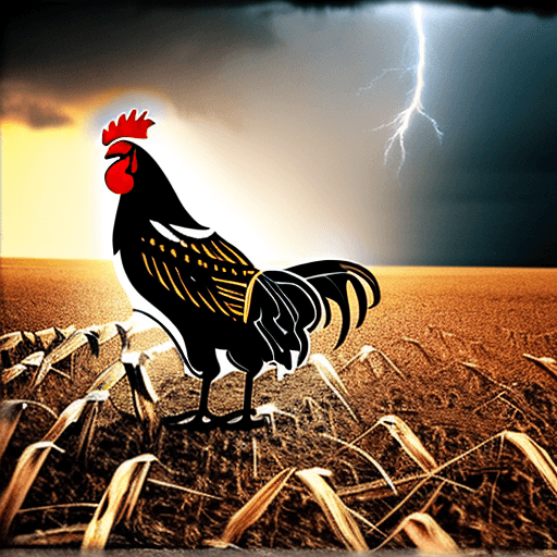 AI generated: photo of a handsome rooster riding a dark cloud over a dried out cornfield, lightning, storm, serene...