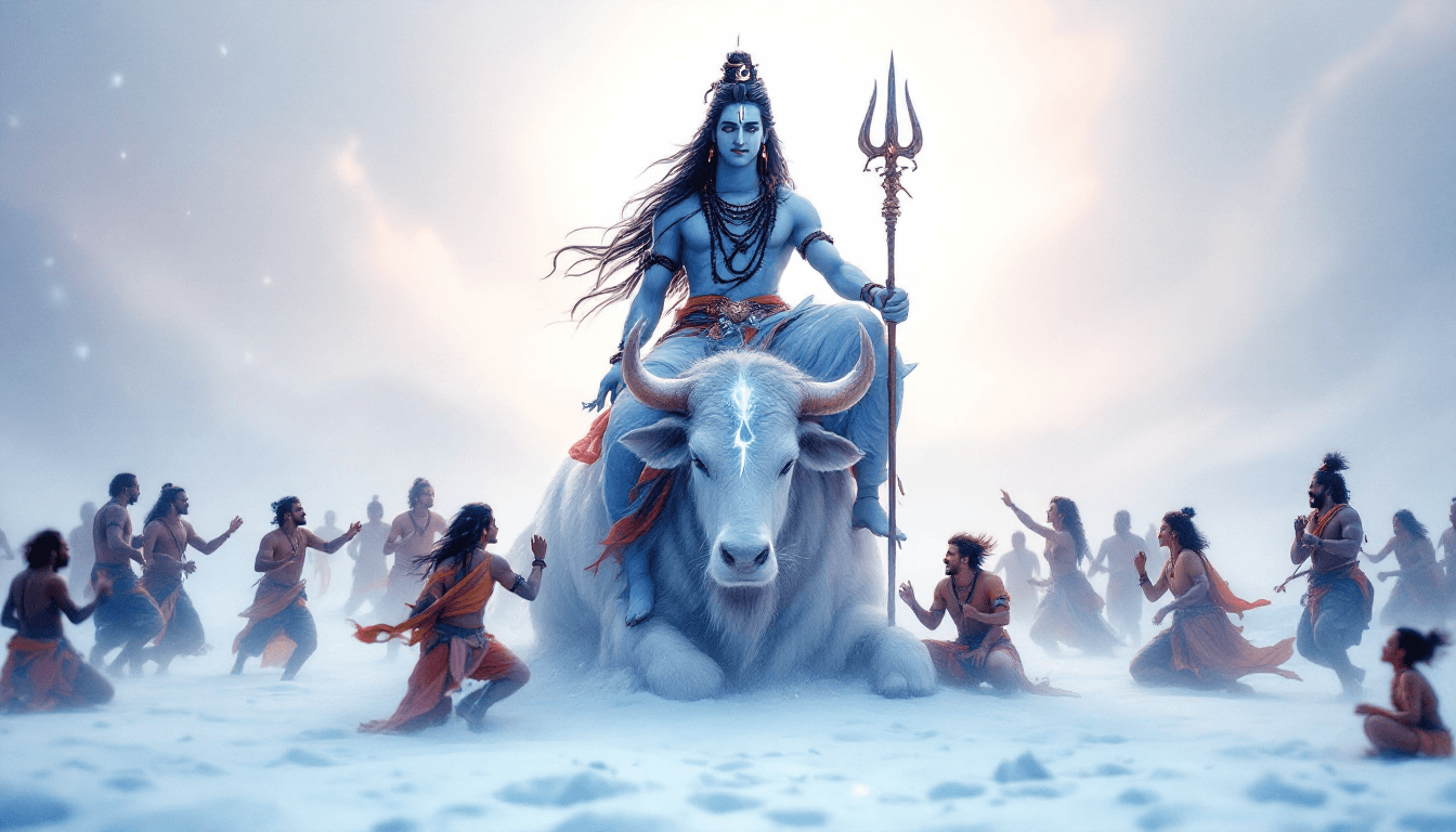 AI generated: 
Time : evening time 
Lord Shiva, in his majestic attire, is seated atop a standing Nandi, his divin...