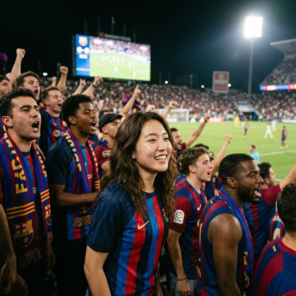 AI generated: change the scenario, put her in the crowd with a football team shirt watching a match