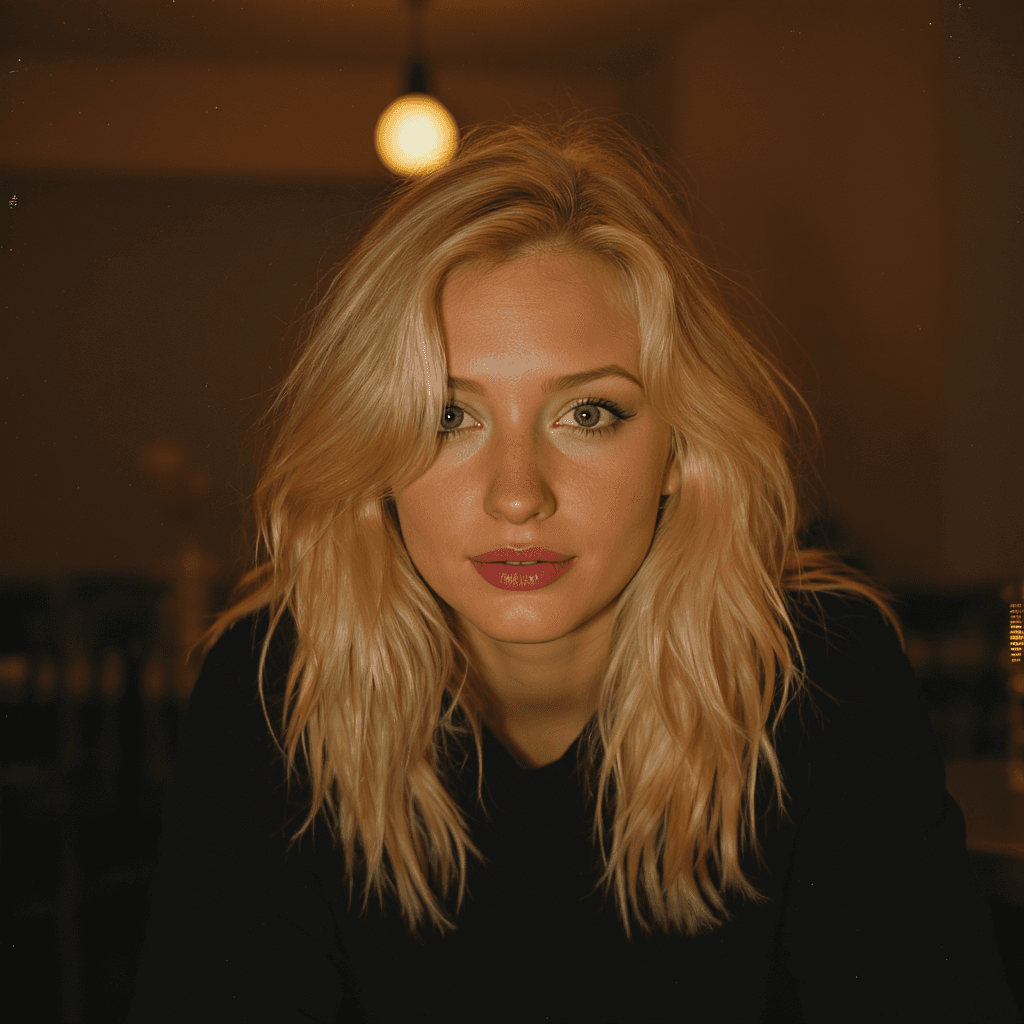 AI generated: A blonde woman with tousled hair and light blue eyes stares intently at the viewer with a slightly s...
