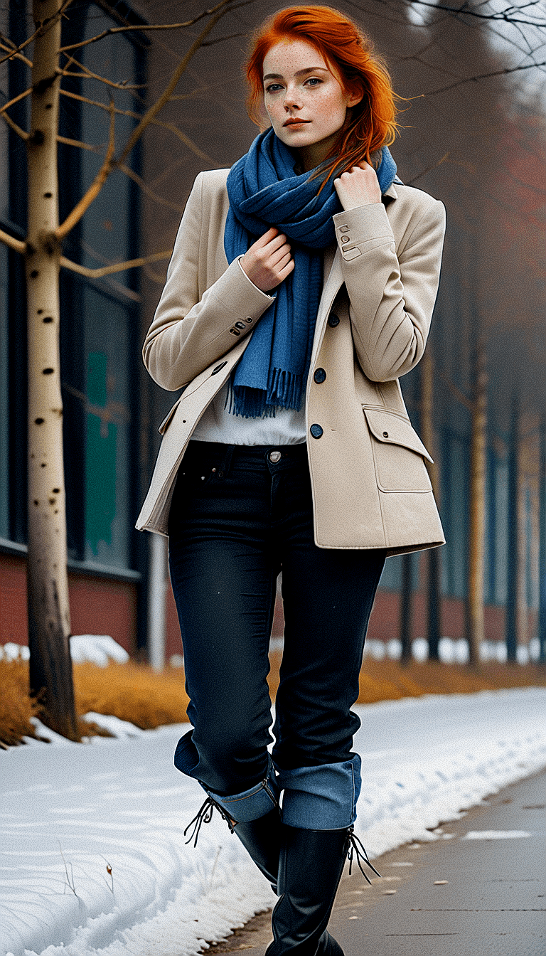 AI generated: Water color painting of a woman wearing a white coat and a blue scarf, standing on a snow-covered si...