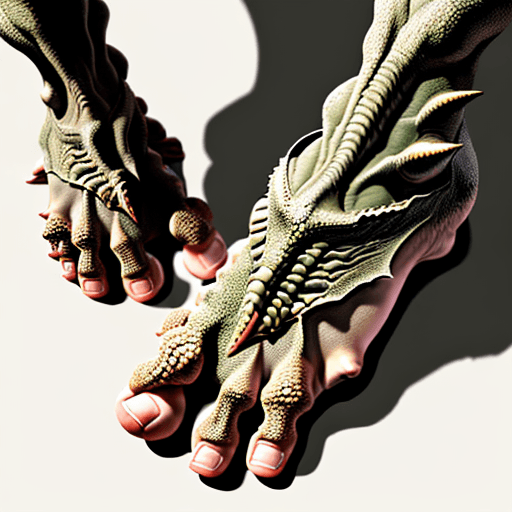 AI generated: a human foot similar to a dinosaur's foot with reptile claws instead of human nails. Place respitili...