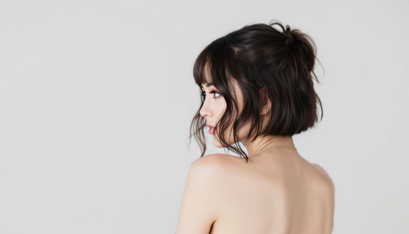 AI generated: White woman with brunette bangs and brown eyes, view from behind (big behind) (missing clothes)