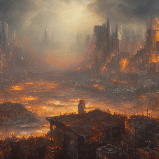AI generated: oil painting style of a busy metropolis in hell, large pan of the city, hellish landscape in the bac...