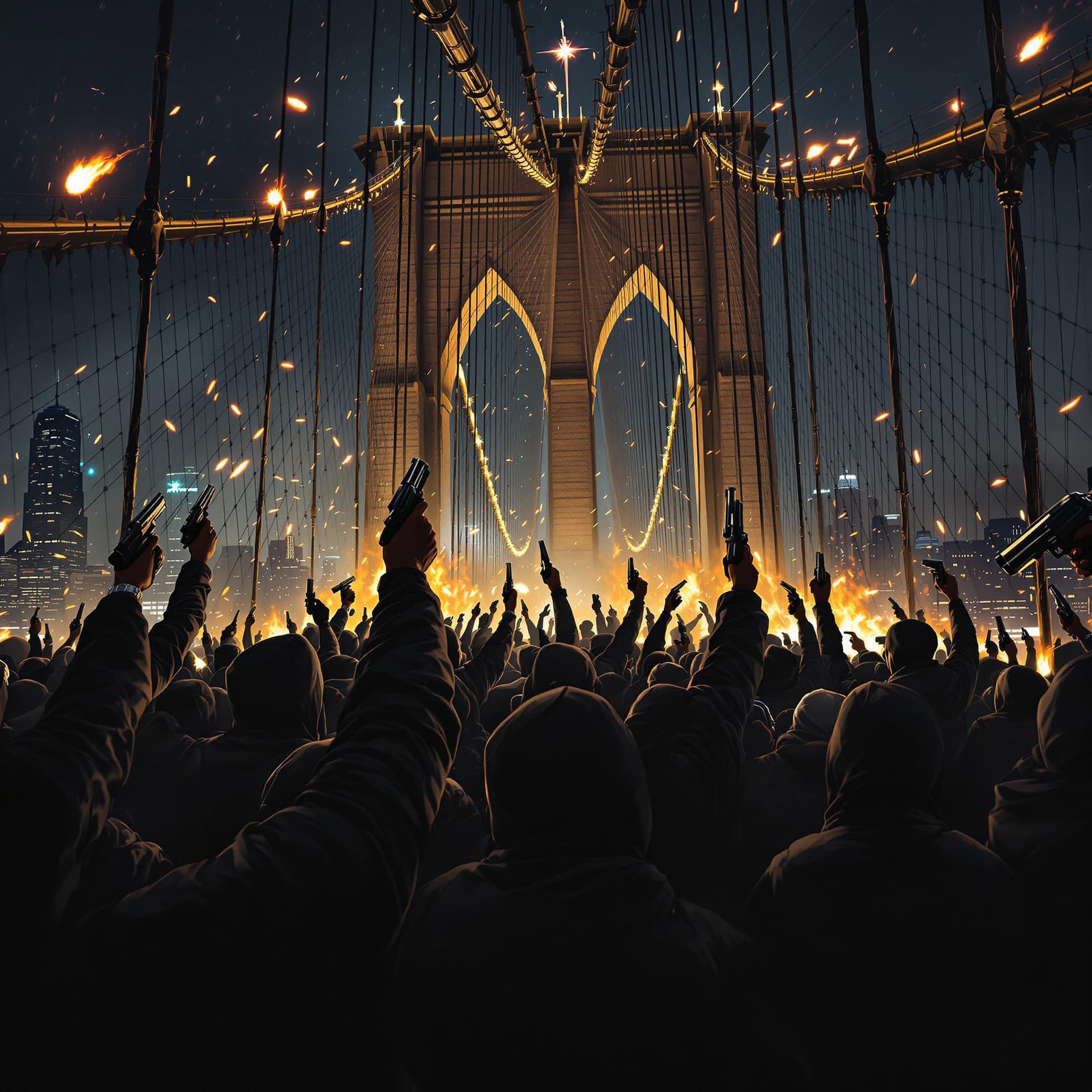 AI generated: a mob of black hip hop men wearing hoodies and hip hop gear waving guns in the air and are standing ...