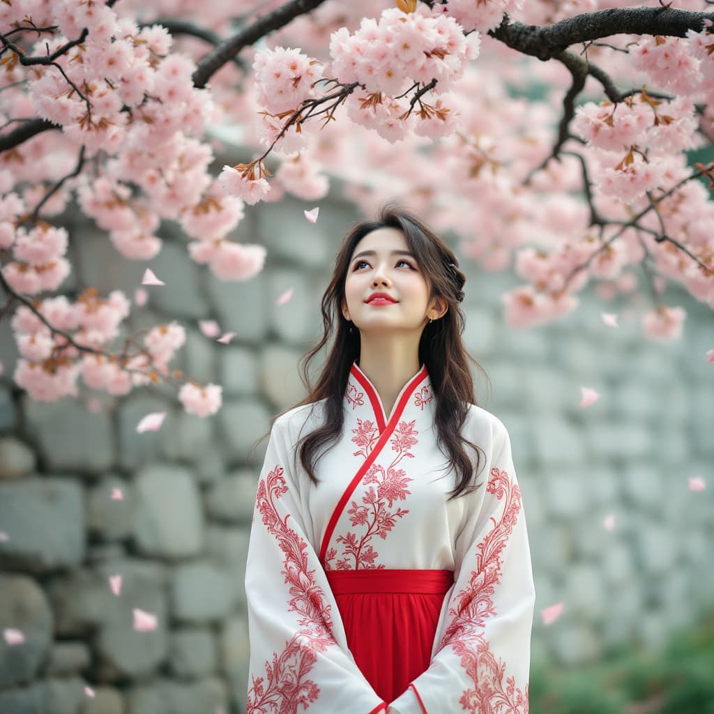 AI generated: A woman in a traditional Chinese Hanfu dress, white kimono with red and black patterned sleeves, and...