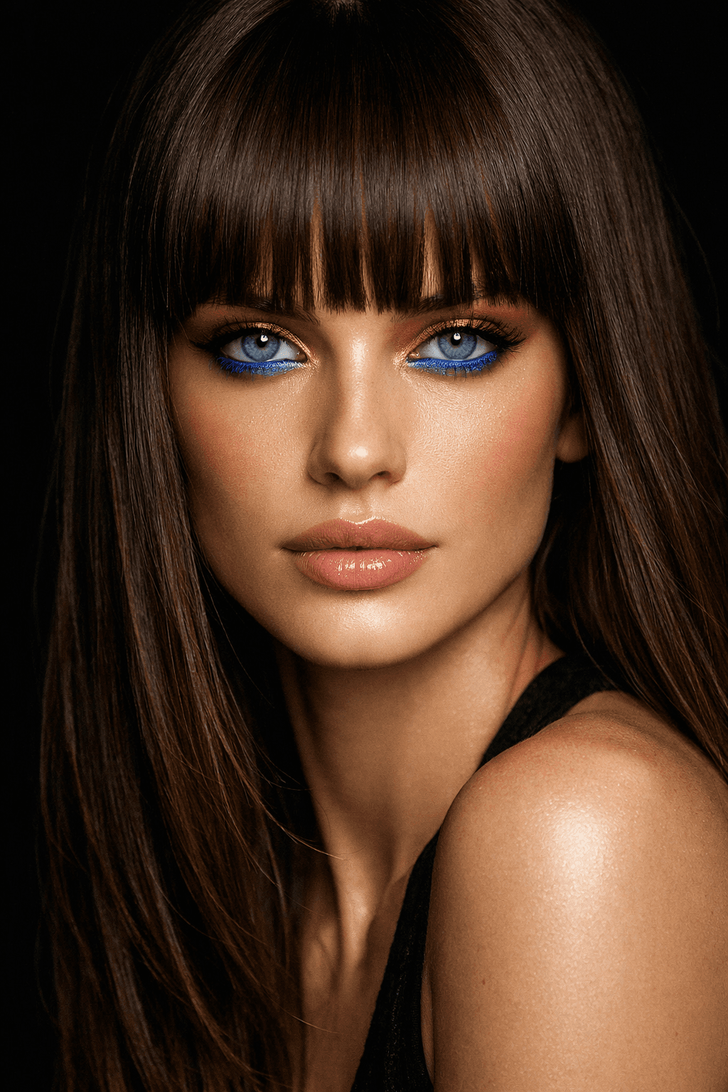 AI generated: (SORA) A high-end editorial fashion portrait of a woman with piercing light blue eyes. She has long,...