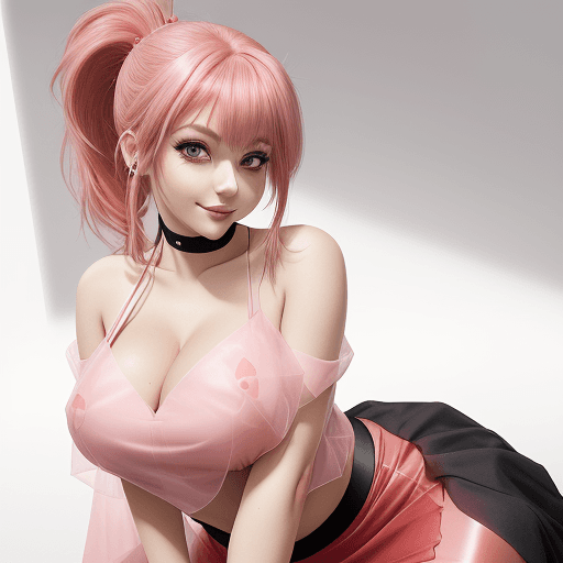 AI generated:  pink hair, hair with ponytail, bangs, (aqaua eyes: 0.9), (makeup, mascara: 0.9), (smile: 0.5), tran...