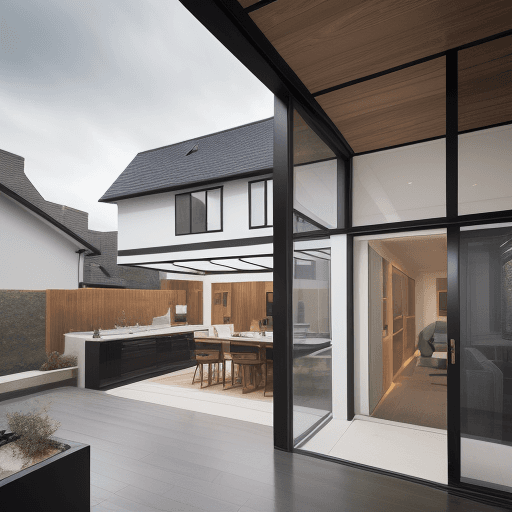AI generated: luxury home decor, in the style of streetscape, light brown and black, dark sky-blue and light white...