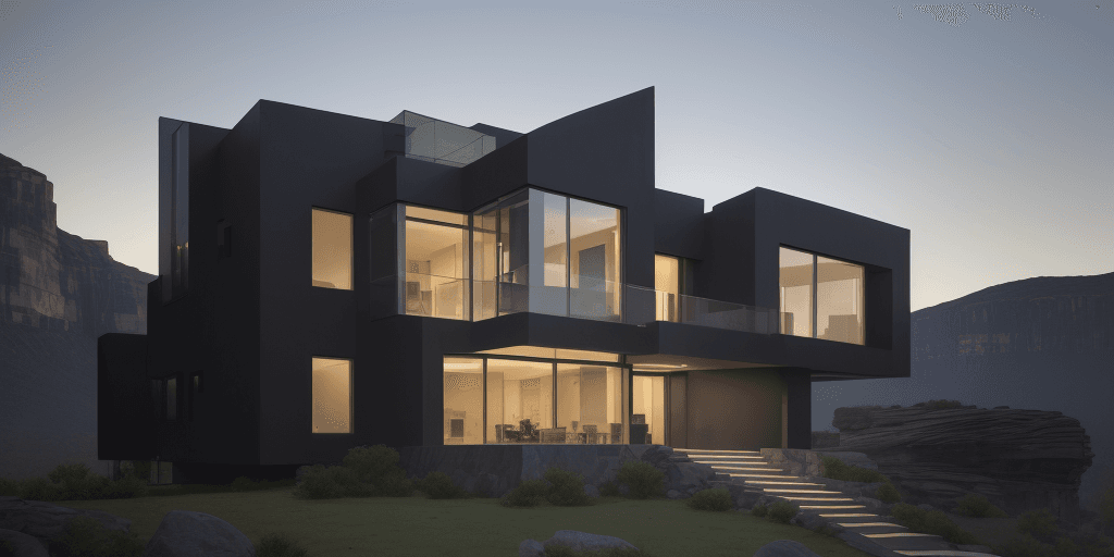 AI generated: modern house with structurally floating overhangs. house with glass windows and low stone walls, aus...