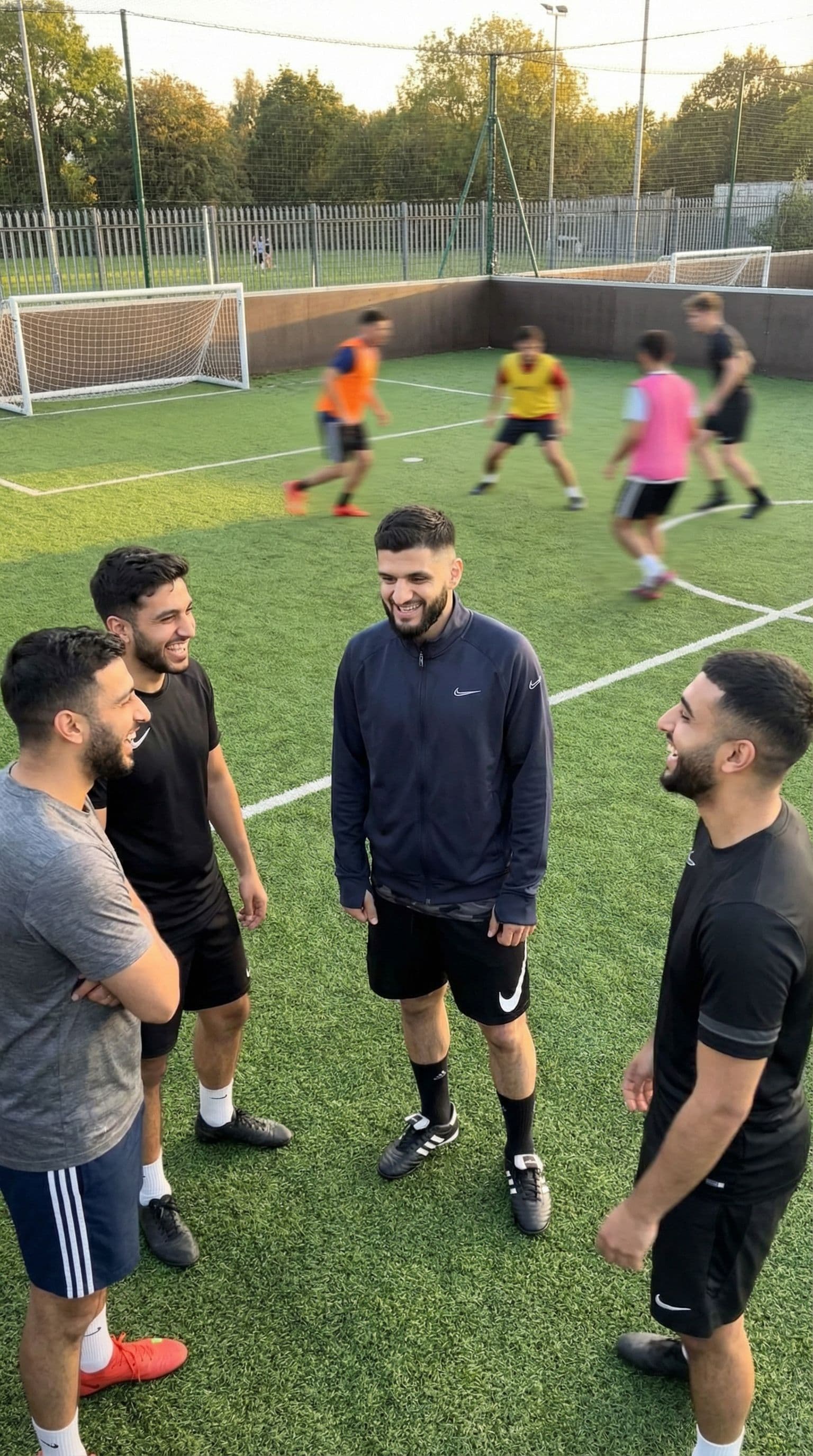 AI generated: Adding me in mini football field with friends and blur players in the background, full black adidas ...