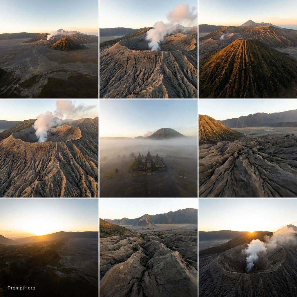 AI generated: Create a nine panel storyboard based on the atmosphere of the reference photo, capturing the Bromo M...