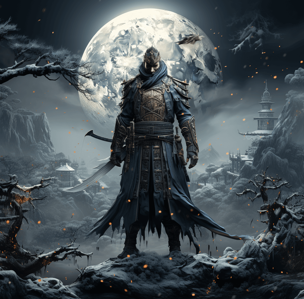 AI generated: the warrior in full samurai armor is carrying a sword, in the style of dark indigo and gray, snow sc...