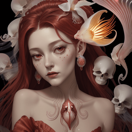 AI generated: Goddess close-up portrait ribcagel. jellyfish phoenix head, nautilus, orchid, skull, betta fish, bio...