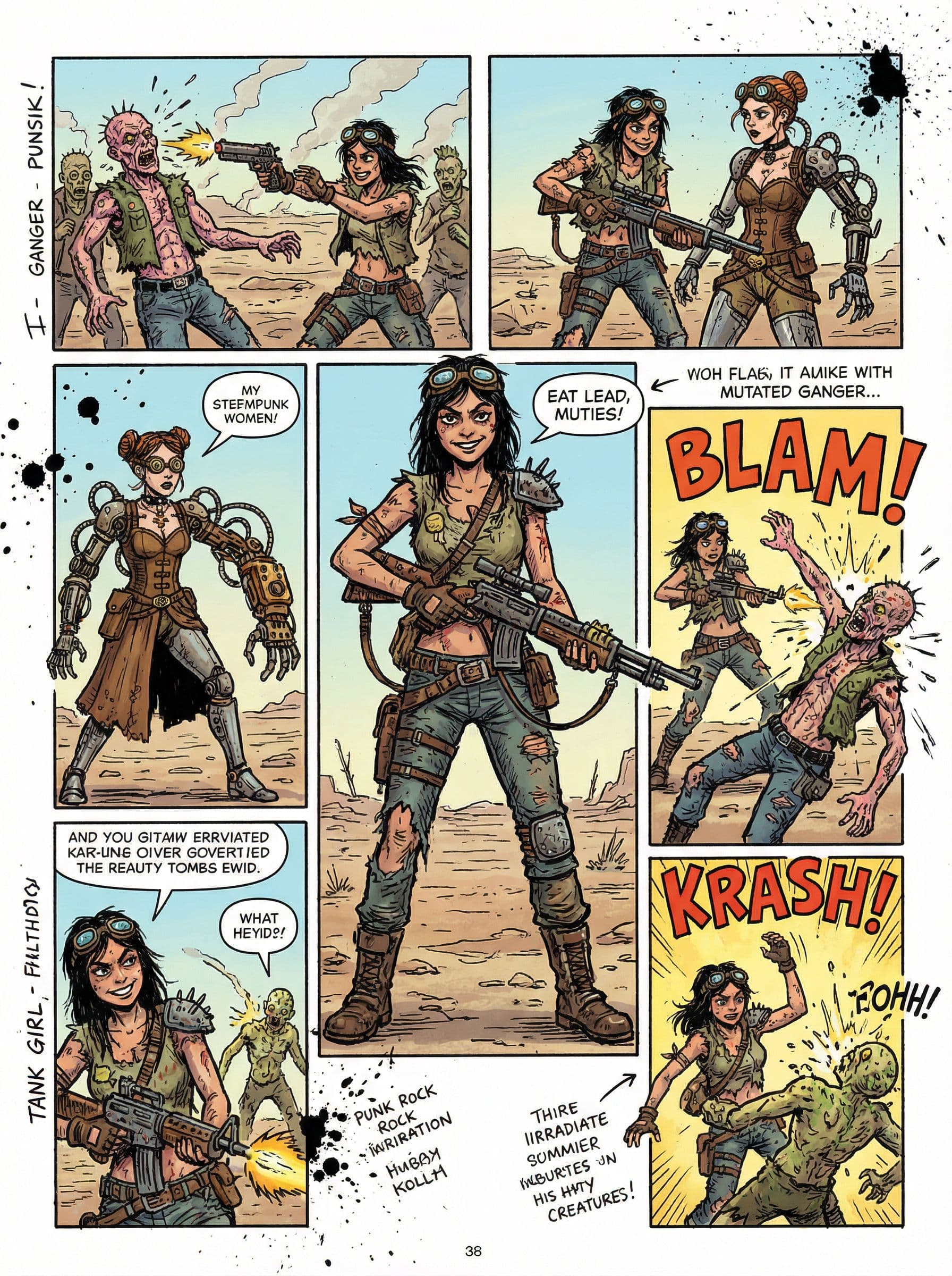AI generated: Full body shot 3/4 view, young beautiful European woman, holding a gun, random illustrations to fill...