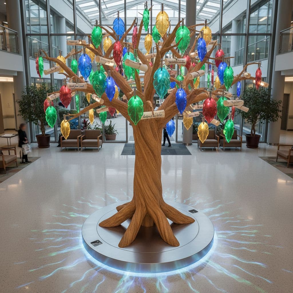 AI generated: "High-detail visualization of a 3D wooden trunk with 300 glowing acrylic leaves clipped with staff p...