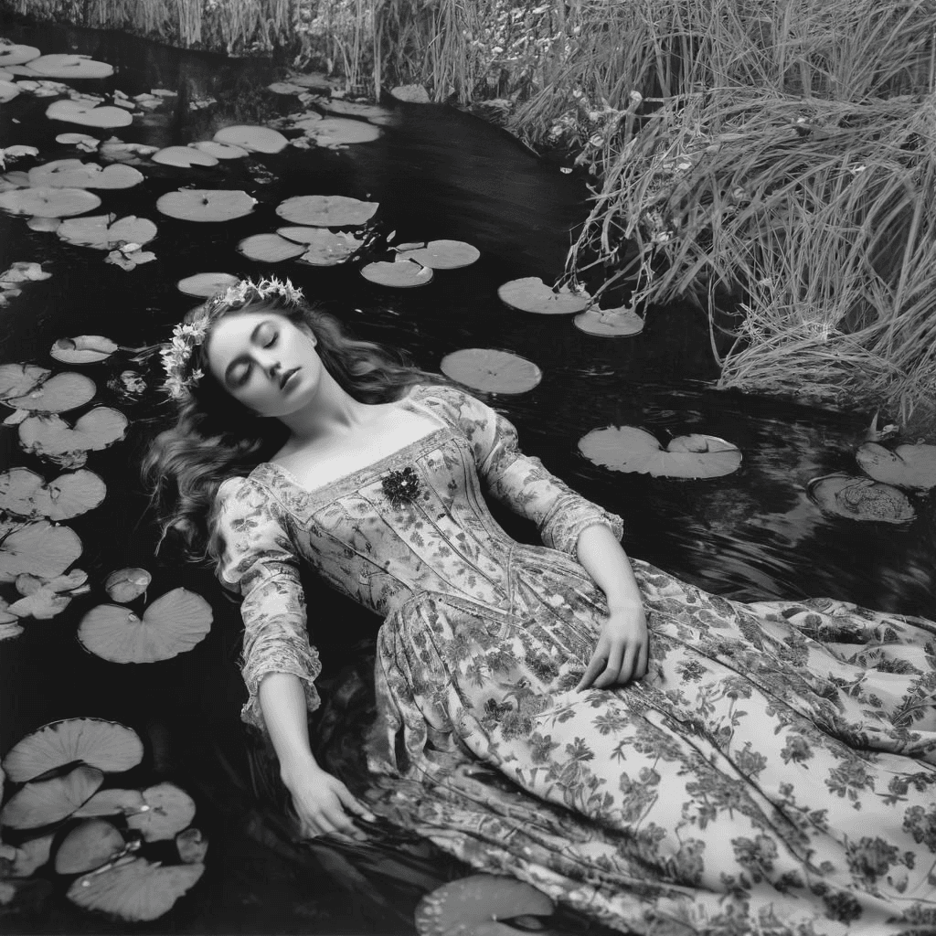 AI generated: modern contemporary black and white photograph of ophelia by John Everett Millais, lying in the wate...