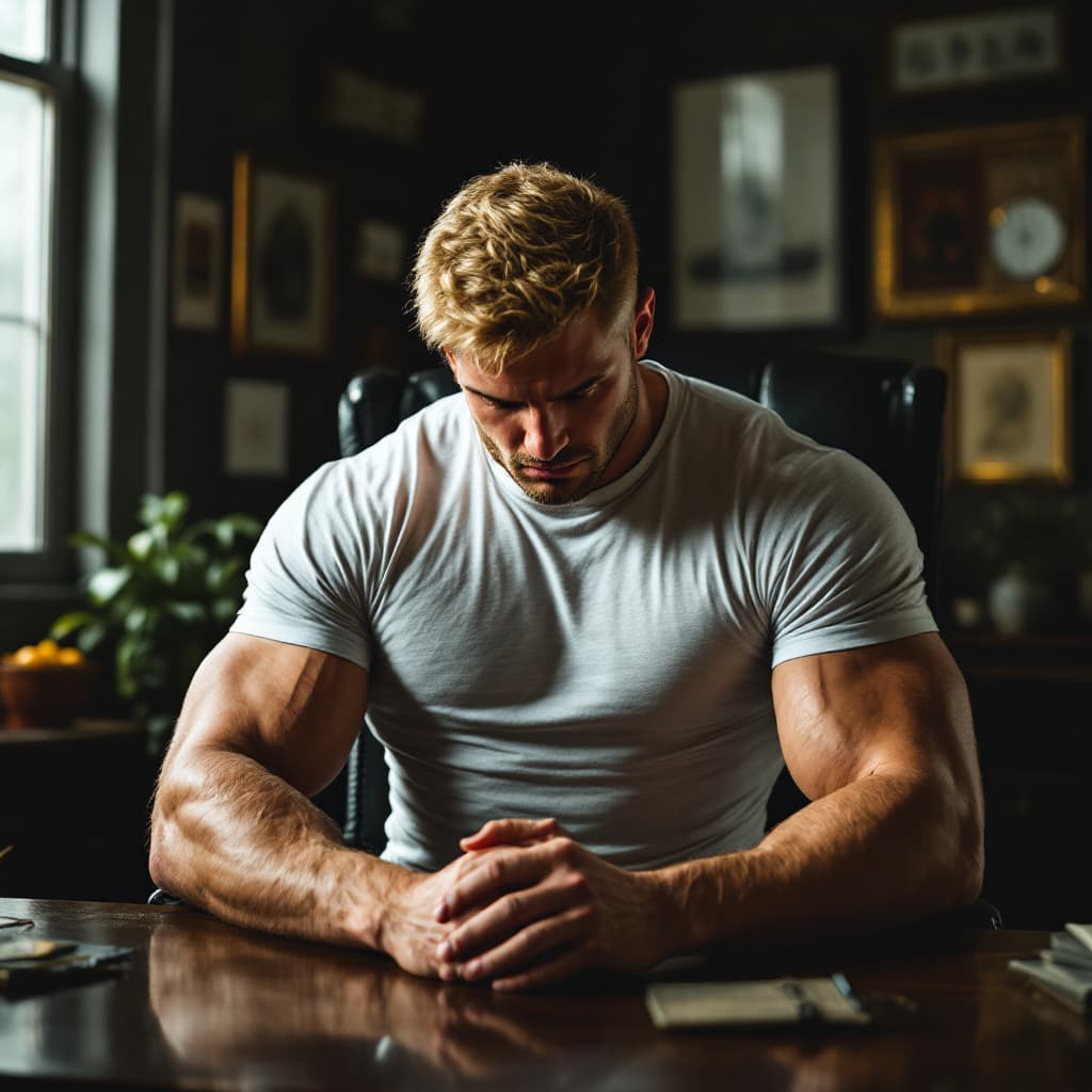 AI generated: photorealistic, very tight tee-shirt, ashamed young man, huge muscles, short blonde hair, seated in ...